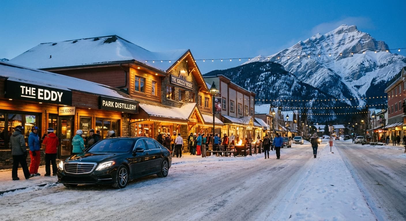 Apres-ski scene in Banff with warm lighting and mountain backdrop