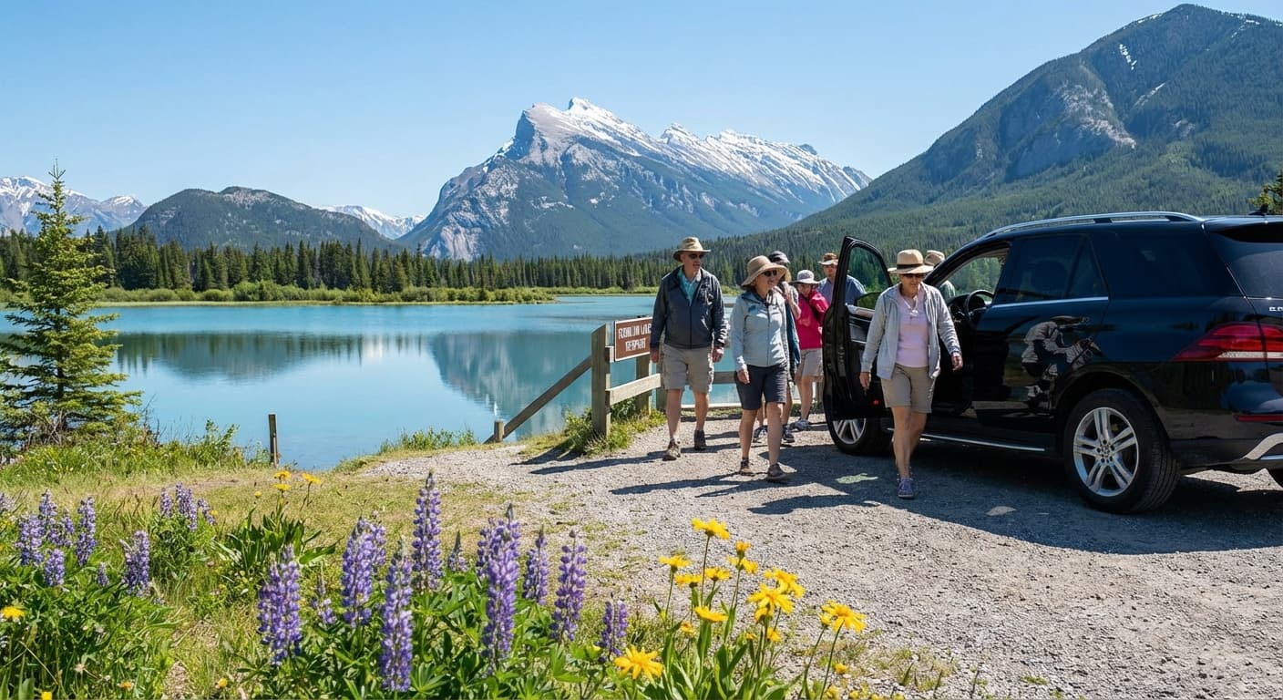 Scenic Trans-Canada Highway drive from Calgary to Banff with Rocky Mountain peaks