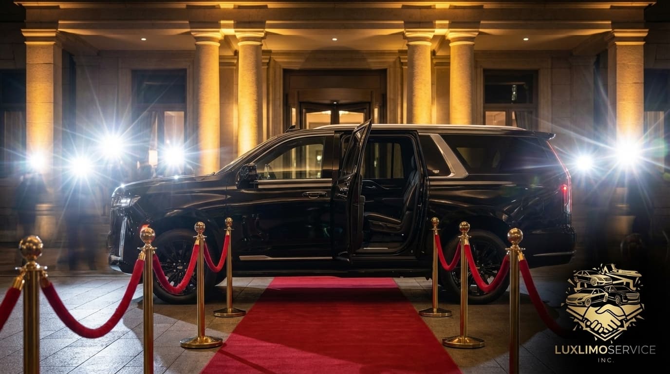 Red carpet arrival with Cadillac Escalade at prom venue