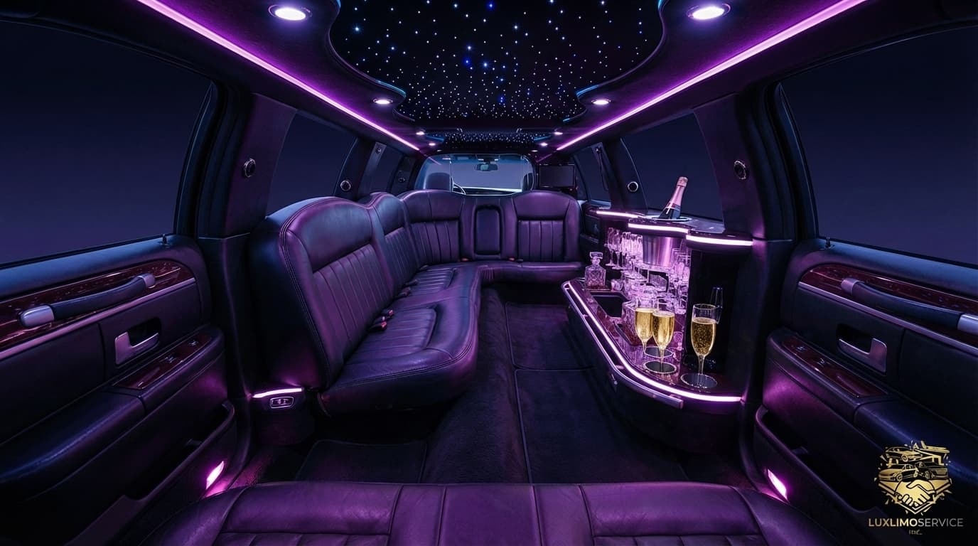 Stretch limousine interior with mood lighting set up for prom